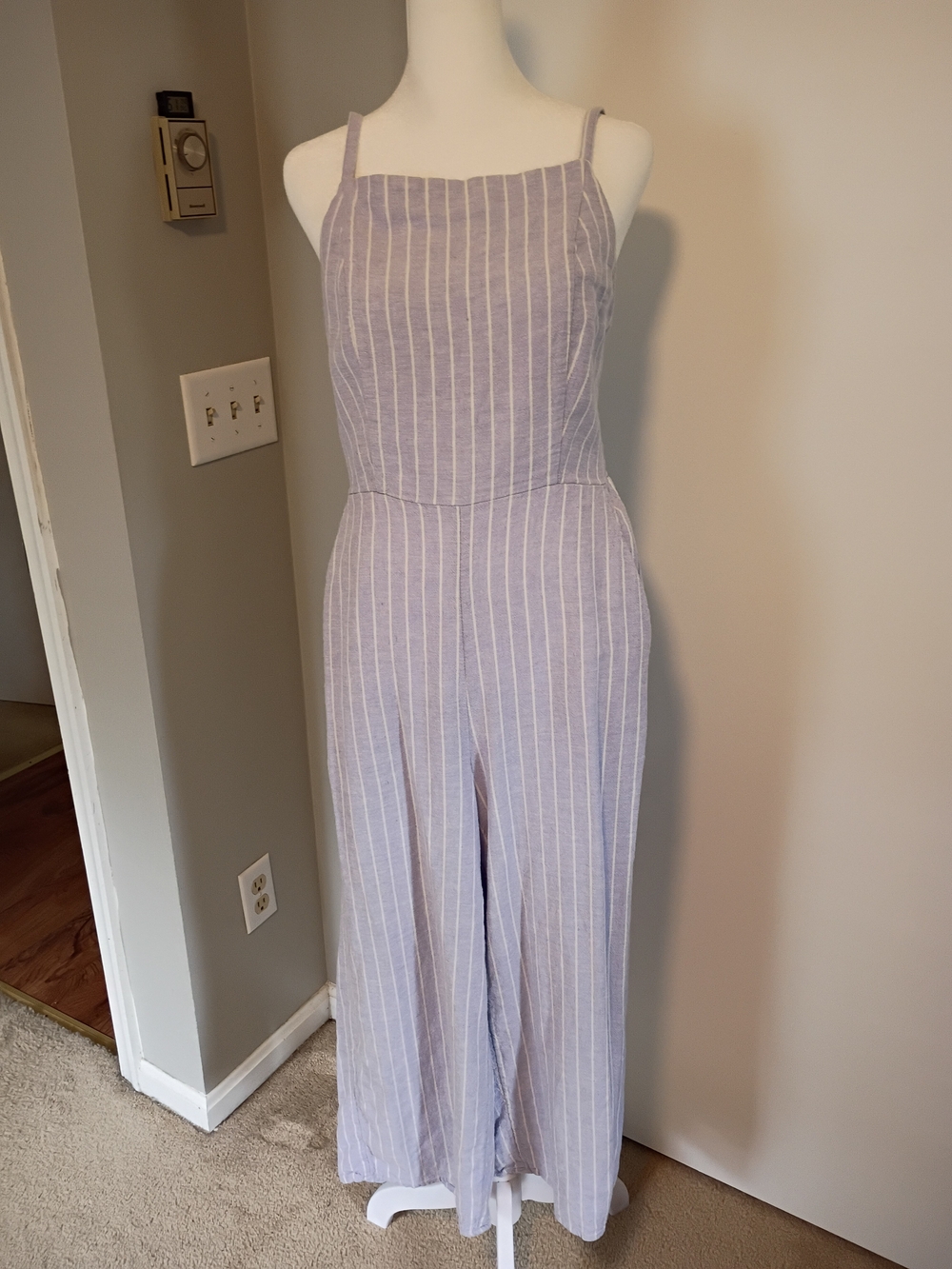 Old Navy Gray and White Striped Square-Neck Jumpsuit